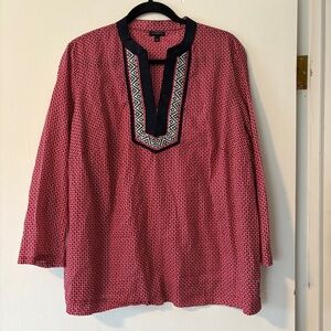 Talbots Red‎ White Blue Cotton Tunic Top Geometric V Neck 3/4 Sleeve Size Large